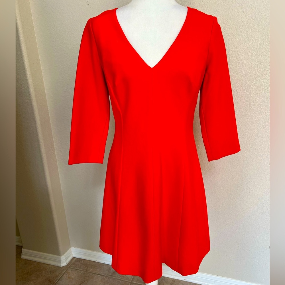 Trina Turk Sz 6 red hot Nat Colette double lux 3/4 sleeve dress a-line v-neck